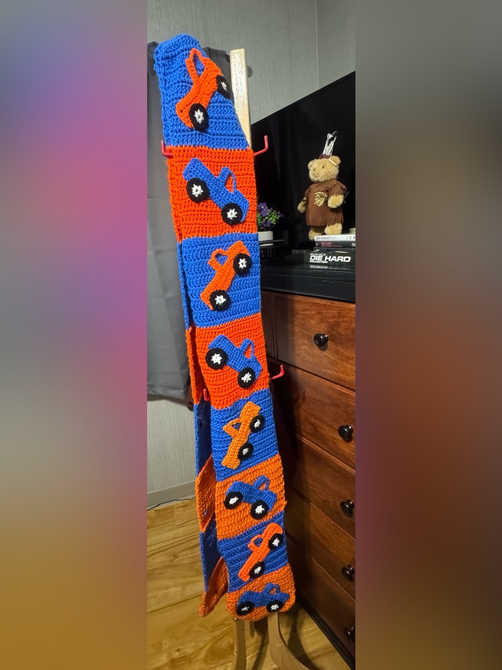 Handmade Crochet Jeep Car Scarf? 120" x 6" Blue & Orange Vehicle Appliqué